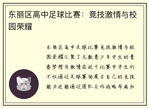 东丽区高中足球比赛：竞技激情与校园荣耀