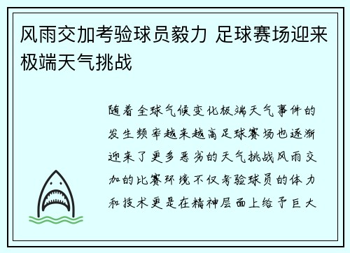 风雨交加考验球员毅力 足球赛场迎来极端天气挑战