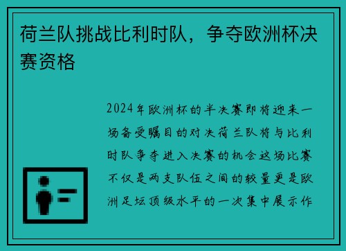 荷兰队挑战比利时队，争夺欧洲杯决赛资格