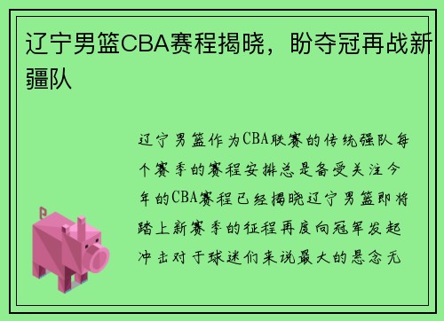 辽宁男篮CBA赛程揭晓，盼夺冠再战新疆队