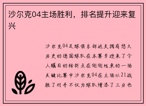 沙尔克04主场胜利，排名提升迎来复兴