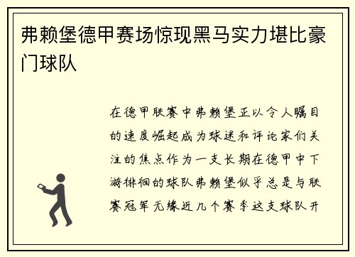 弗赖堡德甲赛场惊现黑马实力堪比豪门球队