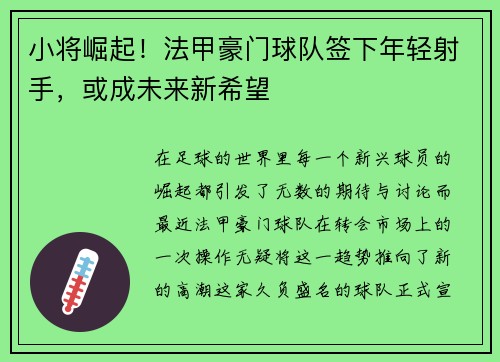 小将崛起！法甲豪门球队签下年轻射手，或成未来新希望
