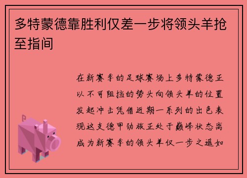 多特蒙德靠胜利仅差一步将领头羊抢至指间