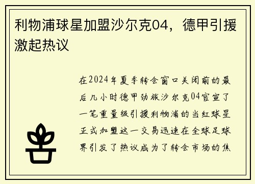 利物浦球星加盟沙尔克04，德甲引援激起热议