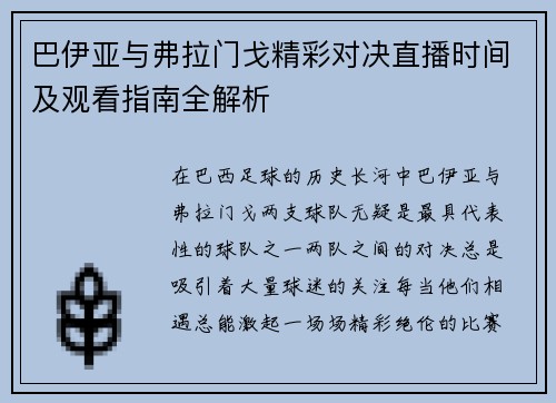巴伊亚与弗拉门戈精彩对决直播时间及观看指南全解析