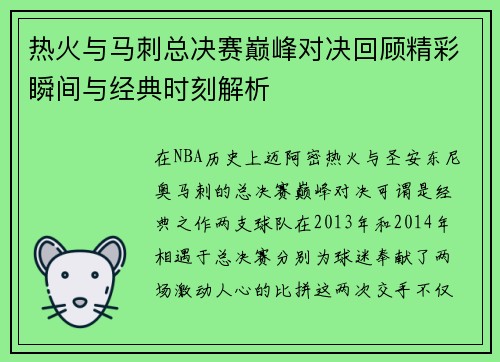 热火与马刺总决赛巅峰对决回顾精彩瞬间与经典时刻解析