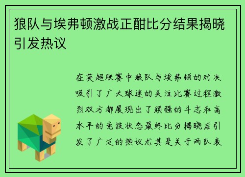 狼队与埃弗顿激战正酣比分结果揭晓引发热议
