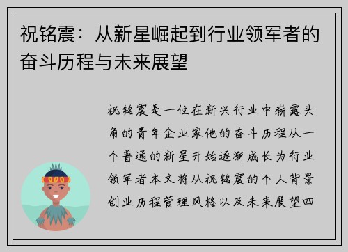 祝铭震：从新星崛起到行业领军者的奋斗历程与未来展望