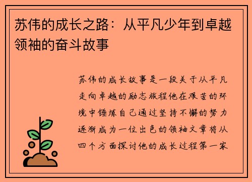 苏伟的成长之路：从平凡少年到卓越领袖的奋斗故事