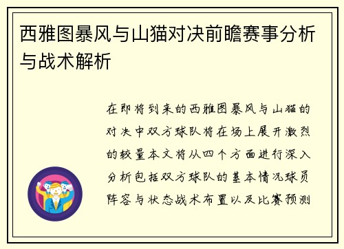 西雅图暴风与山猫对决前瞻赛事分析与战术解析