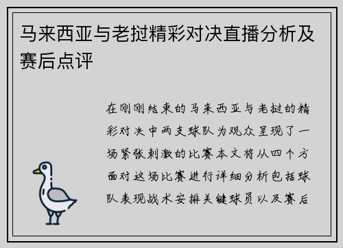 马来西亚与老挝精彩对决直播分析及赛后点评