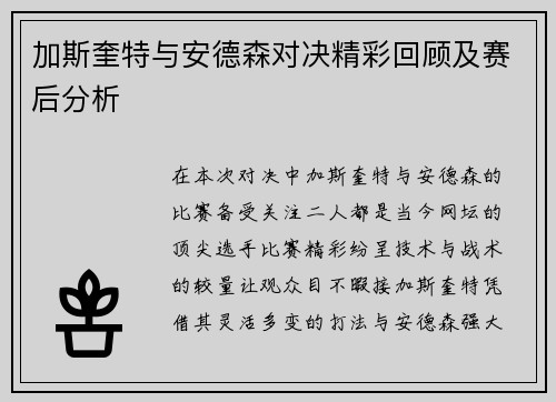加斯奎特与安德森对决精彩回顾及赛后分析