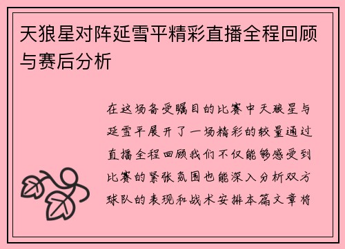 天狼星对阵延雪平精彩直播全程回顾与赛后分析