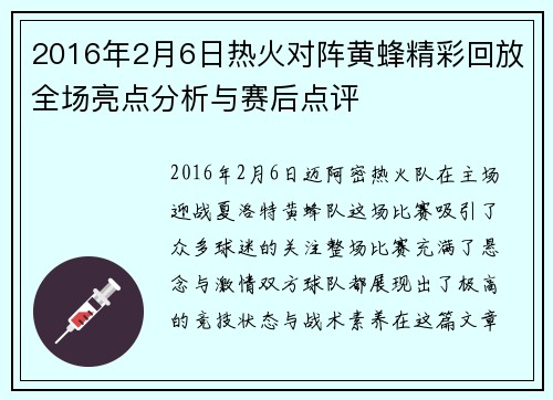 2016年2月6日热火对阵黄蜂精彩回放全场亮点分析与赛后点评