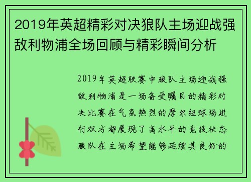 2019年英超精彩对决狼队主场迎战强敌利物浦全场回顾与精彩瞬间分析