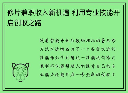 修片兼职收入新机遇 利用专业技能开启创收之路