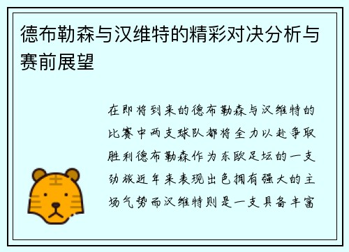 德布勒森与汉维特的精彩对决分析与赛前展望