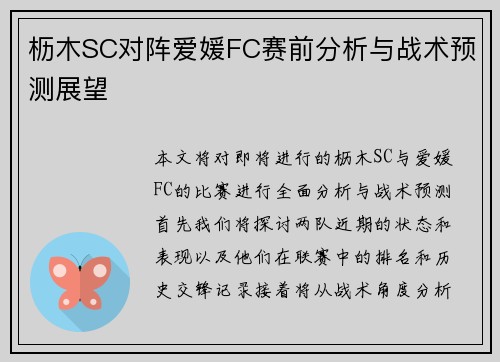 枥木SC对阵爱媛FC赛前分析与战术预测展望