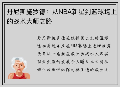 丹尼斯施罗德：从NBA新星到篮球场上的战术大师之路