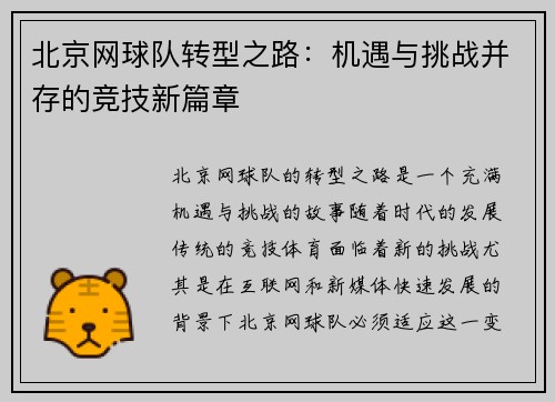 北京网球队转型之路：机遇与挑战并存的竞技新篇章