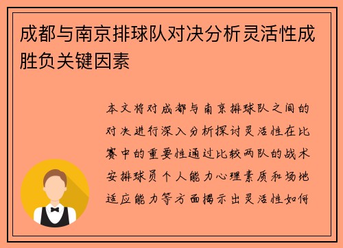 成都与南京排球队对决分析灵活性成胜负关键因素