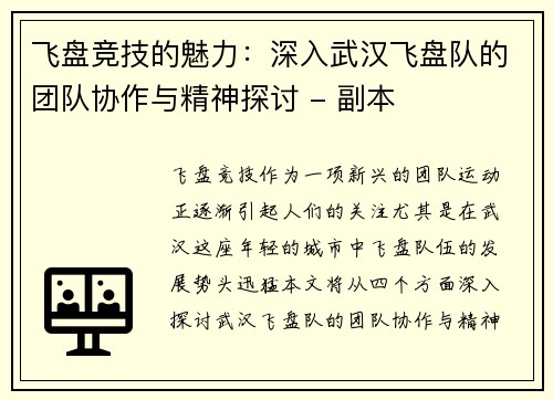 飞盘竞技的魅力：深入武汉飞盘队的团队协作与精神探讨 - 副本